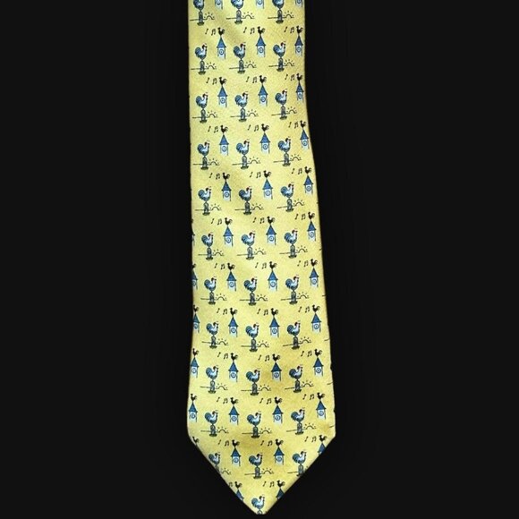 Hermes Mens Silk Necktie Bright Yellow Rooster 6 o' Clock Sunrise Print … - Picture 9 of 9